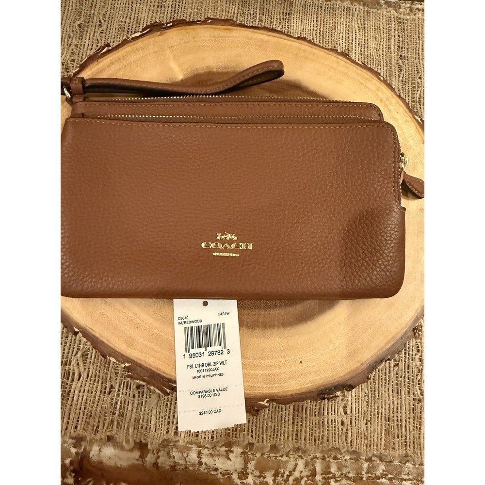 COACH Womens Double Zip Wallet In Pebble Leather (IM Redwood) New With Tags - Picture 6 of 10
